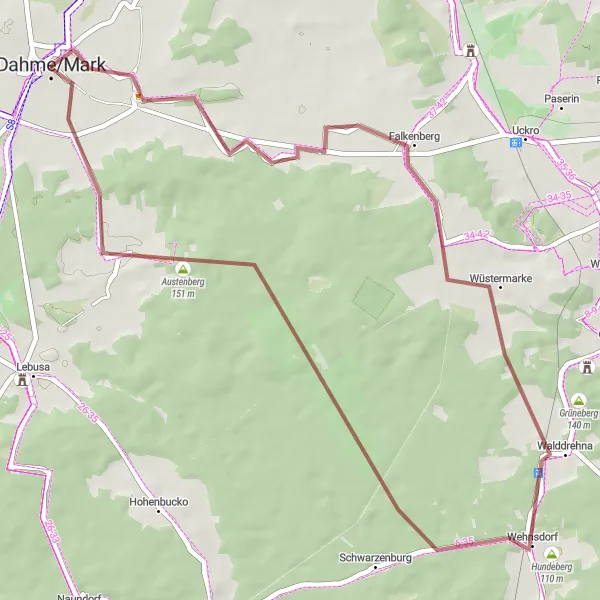 Map miniature of "Discover the Gravel Beauty" cycling inspiration in Brandenburg, Germany. Generated by Tarmacs.app cycling route planner