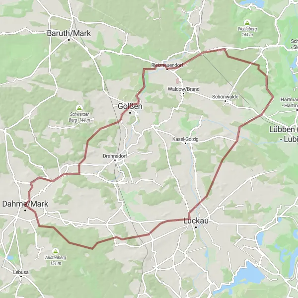 Map miniature of "Dahme/Mark Loop" cycling inspiration in Brandenburg, Germany. Generated by Tarmacs.app cycling route planner