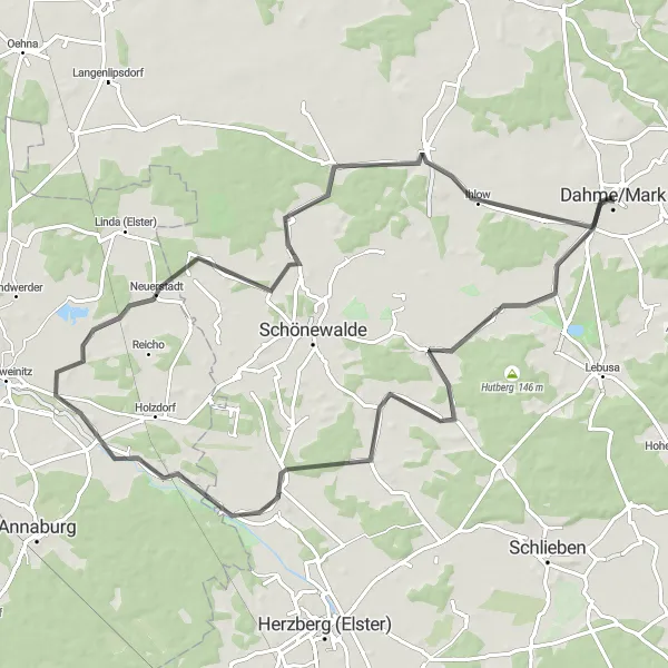 Map miniature of "Werchau Discoveries" cycling inspiration in Brandenburg, Germany. Generated by Tarmacs.app cycling route planner