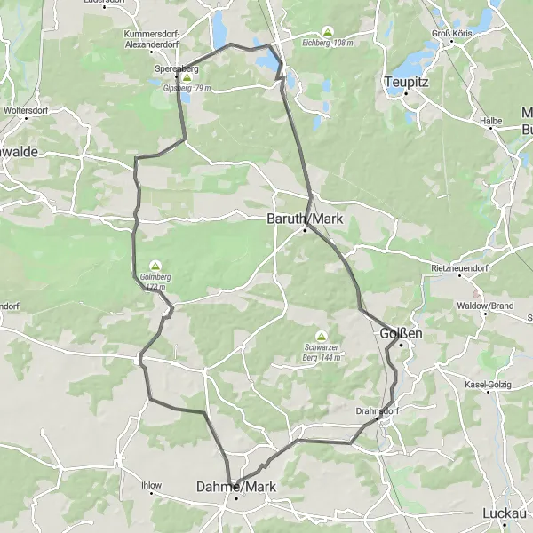 Map miniature of "Tour de Dahme" cycling inspiration in Brandenburg, Germany. Generated by Tarmacs.app cycling route planner