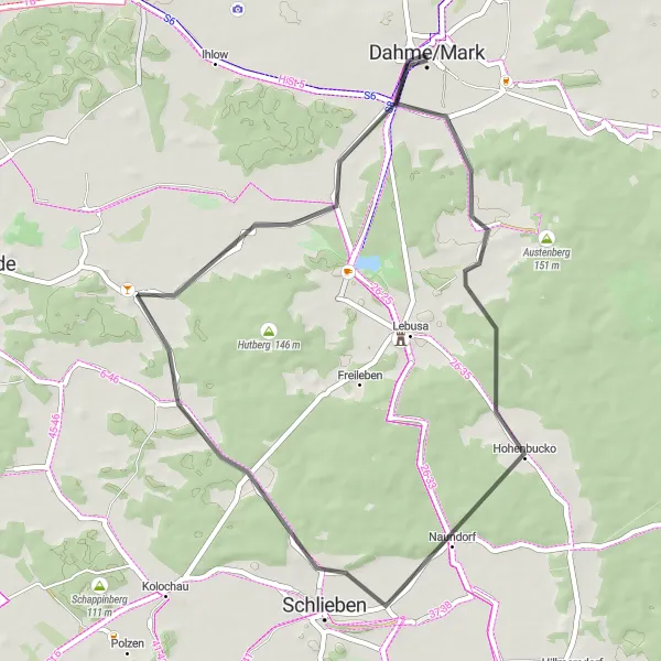 Map miniature of "Schlieben Scenery" cycling inspiration in Brandenburg, Germany. Generated by Tarmacs.app cycling route planner