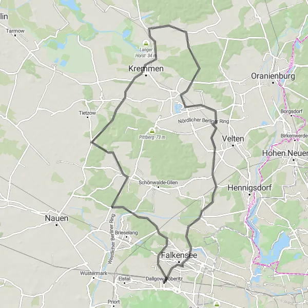 Map miniature of "Scenic Road Adventure to Kremmen" cycling inspiration in Brandenburg, Germany. Generated by Tarmacs.app cycling route planner