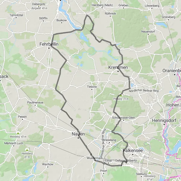 Map miniature of "Nauen and the Countryside" cycling inspiration in Brandenburg, Germany. Generated by Tarmacs.app cycling route planner