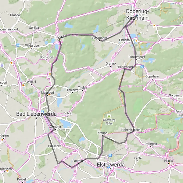 Map miniature of "Doberlug-Kirchhain Road Cycling Route" cycling inspiration in Brandenburg, Germany. Generated by Tarmacs.app cycling route planner