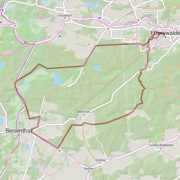 Map miniature of "Gravel Wonders around Eberswalde" cycling inspiration in Brandenburg, Germany. Generated by Tarmacs.app cycling route planner