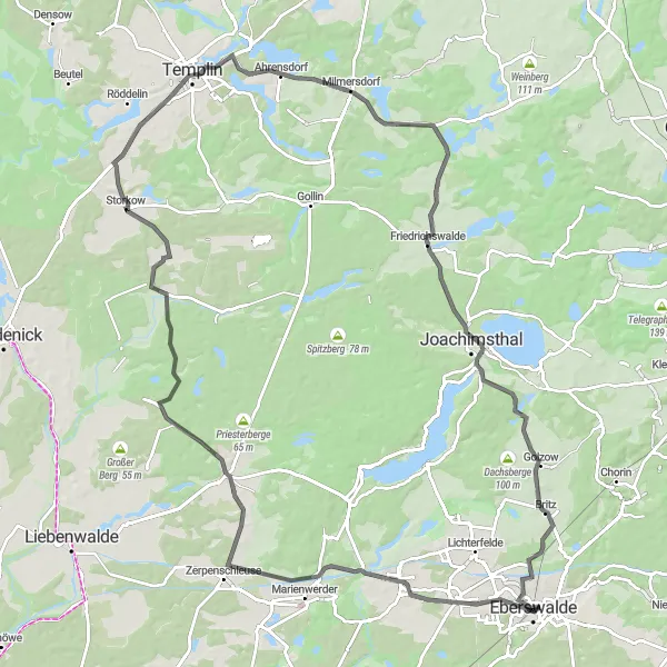 Map miniature of "Exploring Eberswalde and Surroundings" cycling inspiration in Brandenburg, Germany. Generated by Tarmacs.app cycling route planner