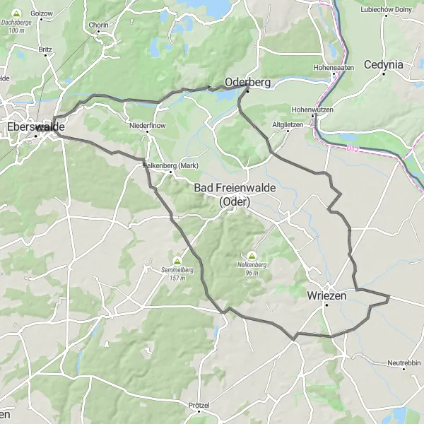Map miniature of "Scenic Roads and Landmarks of Eberswalde" cycling inspiration in Brandenburg, Germany. Generated by Tarmacs.app cycling route planner