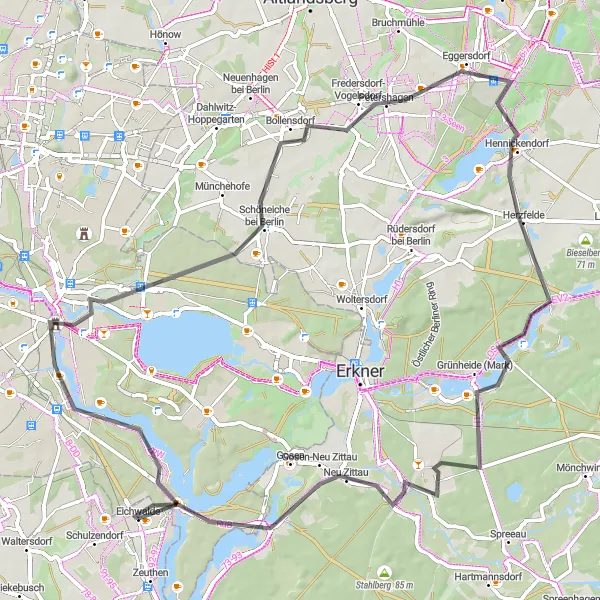 Map miniature of "Grünheide Adventure" cycling inspiration in Brandenburg, Germany. Generated by Tarmacs.app cycling route planner