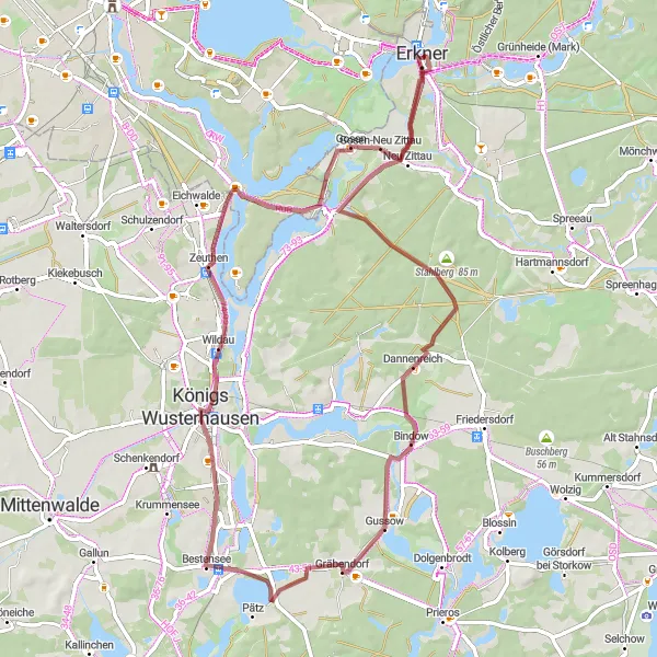 Map miniature of "Barns and Vineyards" cycling inspiration in Brandenburg, Germany. Generated by Tarmacs.app cycling route planner