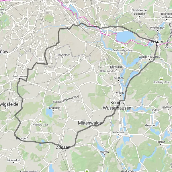 Map miniature of "Funkerberg and Gedenkturm Loop" cycling inspiration in Brandenburg, Germany. Generated by Tarmacs.app cycling route planner
