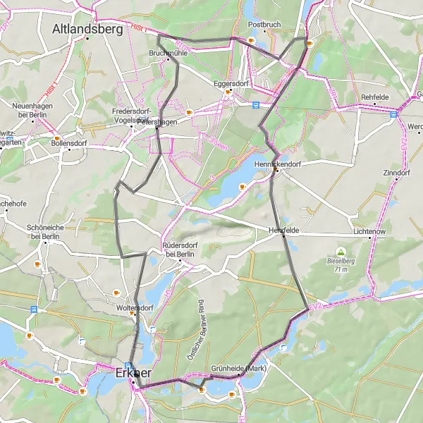 Map miniature of "Springeberg and Grünheide Exploration" cycling inspiration in Brandenburg, Germany. Generated by Tarmacs.app cycling route planner