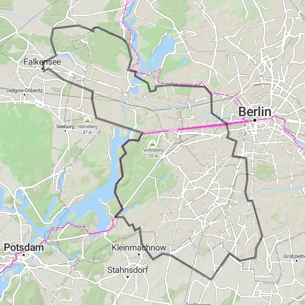 Map miniature of "Challenging Road Adventure" cycling inspiration in Brandenburg, Germany. Generated by Tarmacs.app cycling route planner