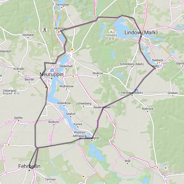 Map miniature of "The Lakeside Escape" cycling inspiration in Brandenburg, Germany. Generated by Tarmacs.app cycling route planner