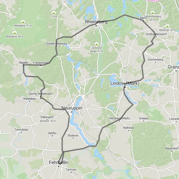 Map miniature of "Rheinsberg Ride" cycling inspiration in Brandenburg, Germany. Generated by Tarmacs.app cycling route planner