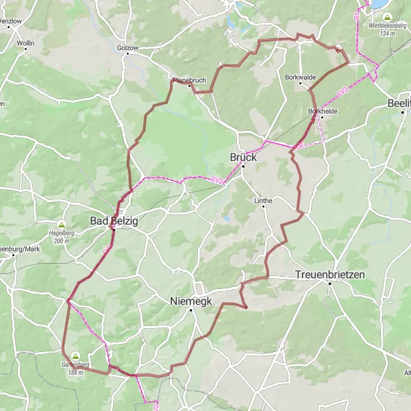Map miniature of "Challenging Gravel Ride" cycling inspiration in Brandenburg, Germany. Generated by Tarmacs.app cycling route planner