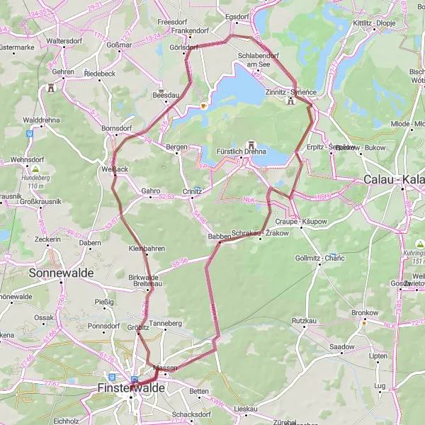 Map miniature of "Gravel Adventure around Finsterwalde" cycling inspiration in Brandenburg, Germany. Generated by Tarmacs.app cycling route planner