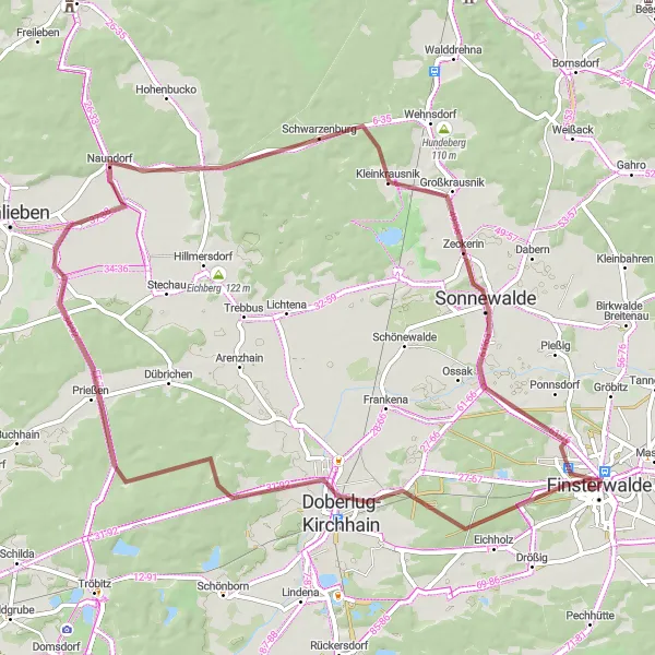 Map miniature of "Ultimate Gravel Adventure: Finsterwalde to Sonnewalde" cycling inspiration in Brandenburg, Germany. Generated by Tarmacs.app cycling route planner