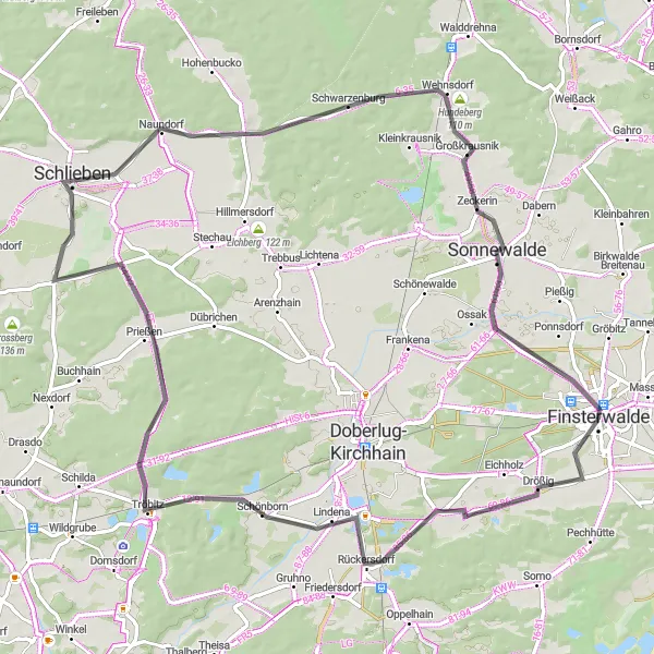 Map miniature of "Finsterwalde Countryside Discovery" cycling inspiration in Brandenburg, Germany. Generated by Tarmacs.app cycling route planner