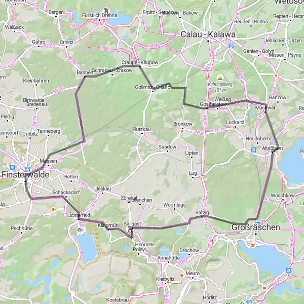 Map miniature of "Finsterwalde to Bautzen Loop" cycling inspiration in Brandenburg, Germany. Generated by Tarmacs.app cycling route planner