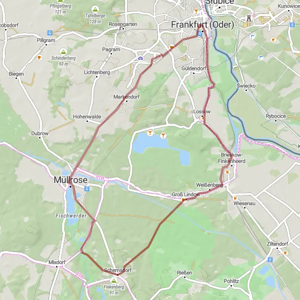 Map miniature of "Brieskow-Finkenheerd Gravel Route" cycling inspiration in Brandenburg, Germany. Generated by Tarmacs.app cycling route planner