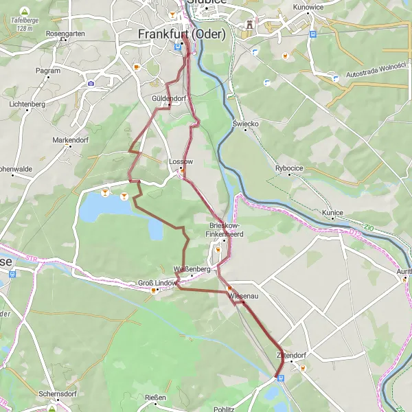Map miniature of "Wiesenau Gravel Route" cycling inspiration in Brandenburg, Germany. Generated by Tarmacs.app cycling route planner