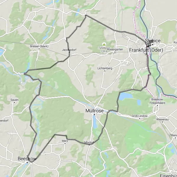 Map miniature of "The Mergelberg Circuit" cycling inspiration in Brandenburg, Germany. Generated by Tarmacs.app cycling route planner