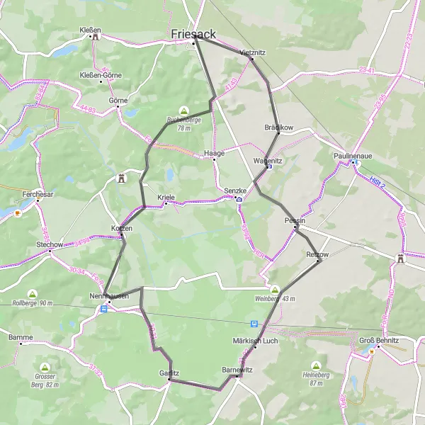 Map miniature of "Road Cycling around Friesack" cycling inspiration in Brandenburg, Germany. Generated by Tarmacs.app cycling route planner