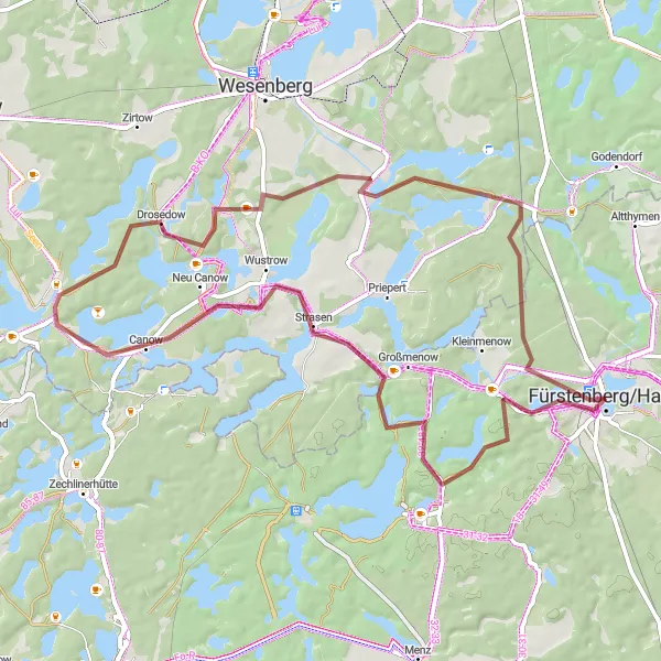 Karten-Miniaturansicht der Radinspiration "Gravelabenteuer durch die Natur um Fürstenberg" in Brandenburg, Germany. Erstellt vom Tarmacs.app-Routenplaner für Radtouren