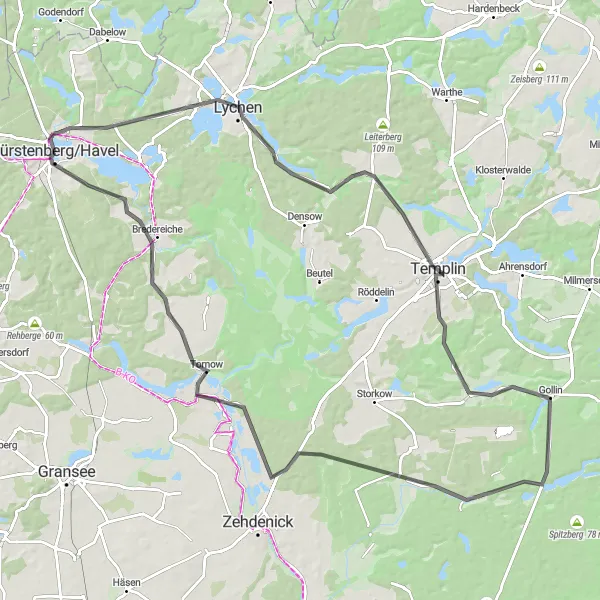 Karten-Miniaturansicht der Radinspiration "Roadtour zu den Seen rund um Fürstenberg" in Brandenburg, Germany. Erstellt vom Tarmacs.app-Routenplaner für Radtouren