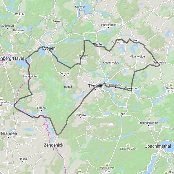 Map miniature of "The Milmersdorf Adventure" cycling inspiration in Brandenburg, Germany. Generated by Tarmacs.app cycling route planner