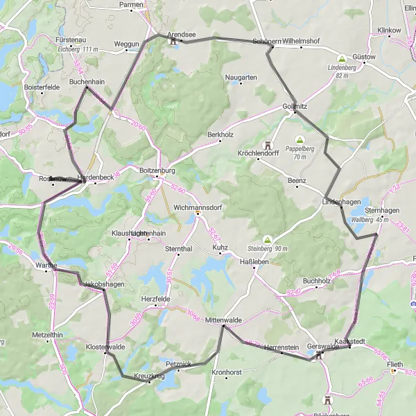 Map miniature of "The Jakobshagen Loop" cycling inspiration in Brandenburg, Germany. Generated by Tarmacs.app cycling route planner