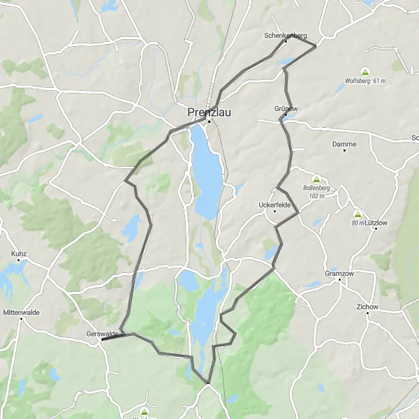 Map miniature of "The Wallberg Circuit" cycling inspiration in Brandenburg, Germany. Generated by Tarmacs.app cycling route planner