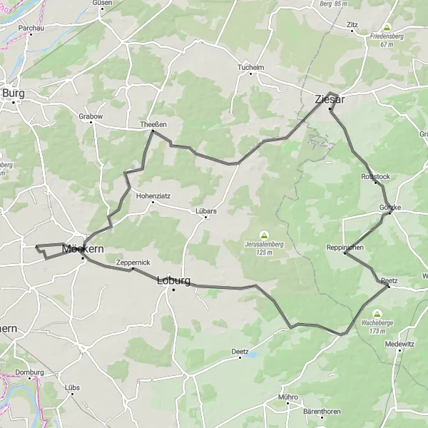 Map miniature of "The Ziesar Explorer" cycling inspiration in Brandenburg, Germany. Generated by Tarmacs.app cycling route planner