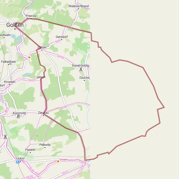 Map miniature of "Golßen Gravel Adventure" cycling inspiration in Brandenburg, Germany. Generated by Tarmacs.app cycling route planner