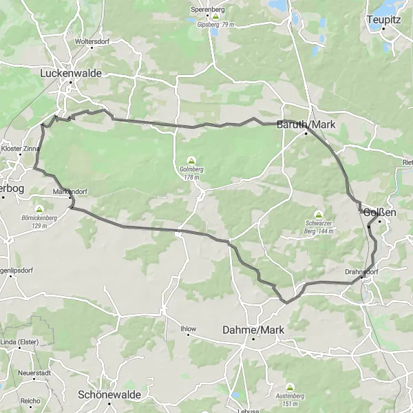 Map miniature of "The Golßen Adventure Loop" cycling inspiration in Brandenburg, Germany. Generated by Tarmacs.app cycling route planner
