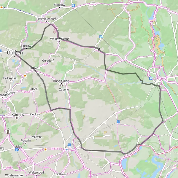 Map miniature of "Roads Less Traveled" cycling inspiration in Brandenburg, Germany. Generated by Tarmacs.app cycling route planner