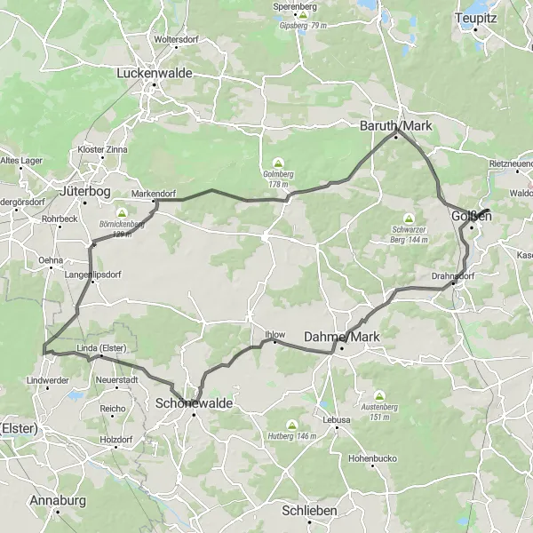 Map miniature of "Tour de Golßen" cycling inspiration in Brandenburg, Germany. Generated by Tarmacs.app cycling route planner