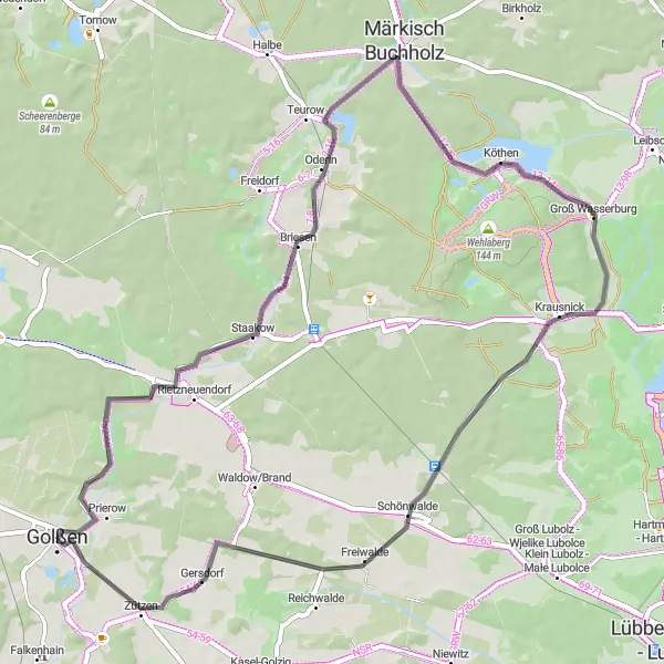 Map miniature of "Historical Golßen" cycling inspiration in Brandenburg, Germany. Generated by Tarmacs.app cycling route planner