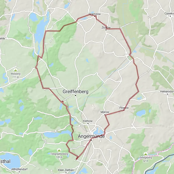 Karten-Miniaturansicht der Radinspiration "Rundfahrt Gramzow - Passow - Angermünde - Steinhöfel - Reiherberg - Koboltenhof - Gramzow" in Brandenburg, Germany. Erstellt vom Tarmacs.app-Routenplaner für Radtouren