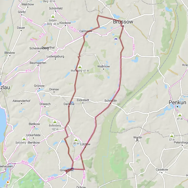 Map miniature of "Ziemkendorf Gravel Cycling Route" cycling inspiration in Brandenburg, Germany. Generated by Tarmacs.app cycling route planner