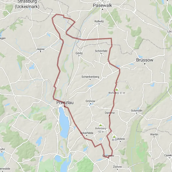 Map miniature of "Uckerfelde Explorer Gravel Cycling Route" cycling inspiration in Brandenburg, Germany. Generated by Tarmacs.app cycling route planner