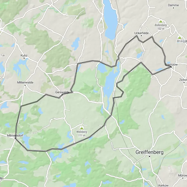 Map miniature of "Koboltenhof & Weizberg Road Cycling Route" cycling inspiration in Brandenburg, Germany. Generated by Tarmacs.app cycling route planner