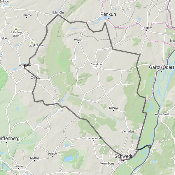 Karten-Miniaturansicht der Radinspiration "Rundfahrt Gramzow - Lützlow - Schmölln - Neuhof - Hohenreinkendorf - Ognica - Beobachtungsturm - Passow - Zichow - Gramzow" in Brandenburg, Germany. Erstellt vom Tarmacs.app-Routenplaner für Radtouren