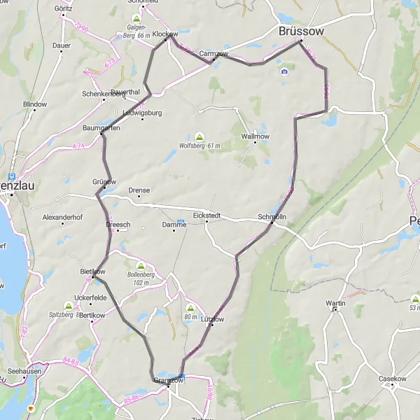 Map miniature of "Weselitzer Berg Scenic Road Cycling Route" cycling inspiration in Brandenburg, Germany. Generated by Tarmacs.app cycling route planner