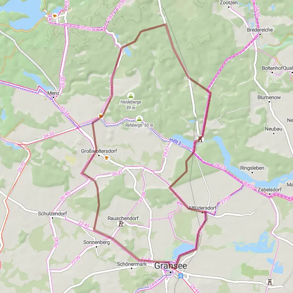 Map miniature of "The Beautiful Brandenburg Gravel Loop" cycling inspiration in Brandenburg, Germany. Generated by Tarmacs.app cycling route planner