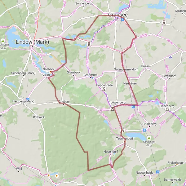Map miniature of "Löwenberg and Teschendorf Gravel Loop" cycling inspiration in Brandenburg, Germany. Generated by Tarmacs.app cycling route planner