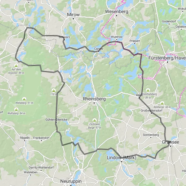 Map miniature of "Gransee to Großwoltersdorf Challenge" cycling inspiration in Brandenburg, Germany. Generated by Tarmacs.app cycling route planner