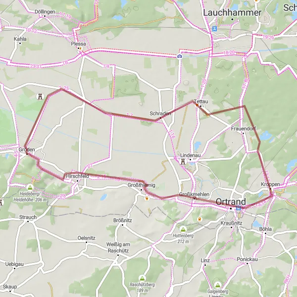 Map miniature of "Gröden Gravel Adventure" cycling inspiration in Brandenburg, Germany. Generated by Tarmacs.app cycling route planner