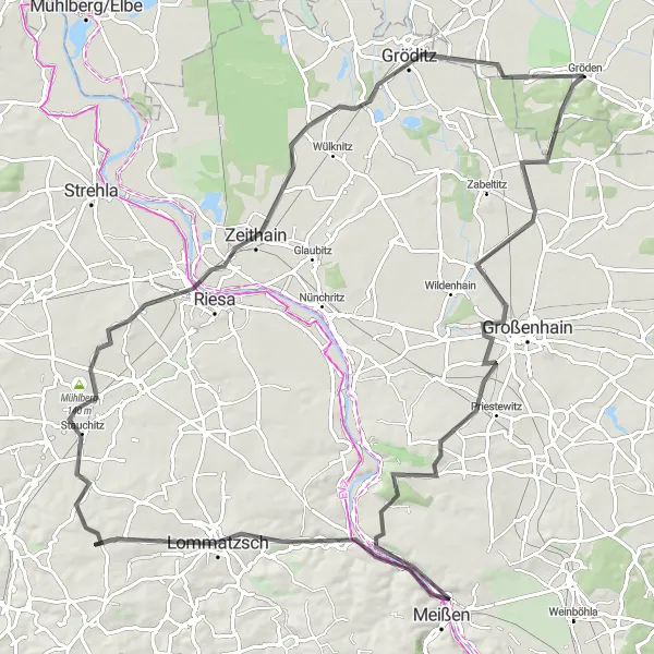 Karten-Miniaturansicht der Radinspiration "Road Cycling Tour von Gröden nach Gröditz" in Brandenburg, Germany. Erstellt vom Tarmacs.app-Routenplaner für Radtouren