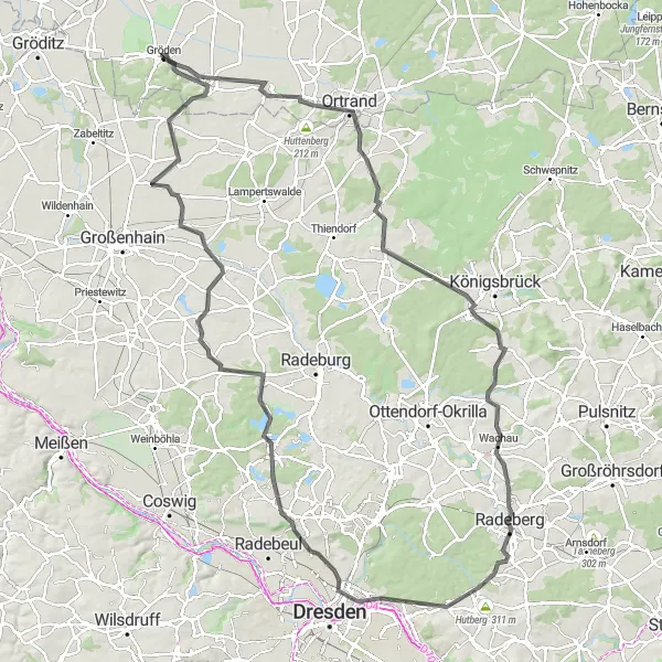 Map miniature of "The Hills of Moritzburg" cycling inspiration in Brandenburg, Germany. Generated by Tarmacs.app cycling route planner